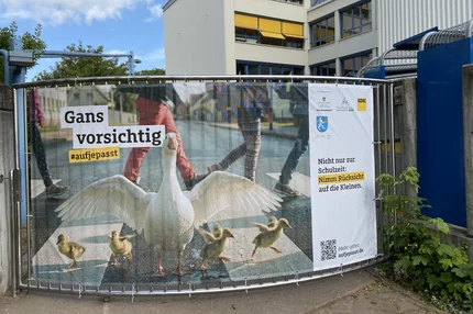 Bad Lauchstädt © Bad Lauchstädt aufjepasst-Schulweg-Banner „Gans vorsichtig“ an einem Schultor in Bad Lauchstädt.